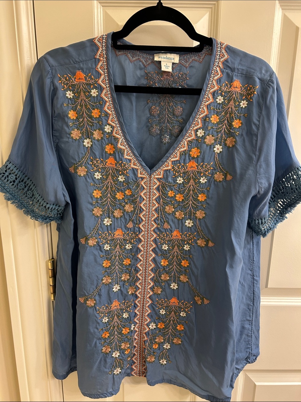Sundance Blue V-Neck Top with Orange & Cream Floral Embroidery